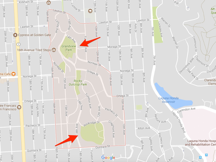 The neighborhood is stretched across two of the tallest hills in San Francisco: Larsen Peak at Golden Gate Heights Park and Grandview Park. I wanted to go from one peak to the other.