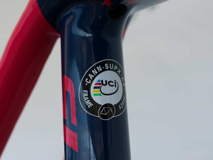 The UCI sticker indicates that the Cannondale SuperX frame meets the technical regulations of the governing body of world cycling.