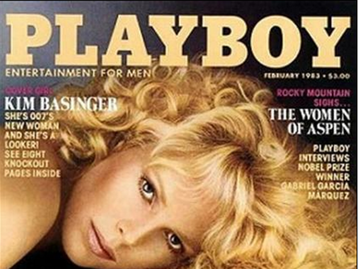[13 covers] 1983: Kim Basinger has appeared on 13 Playboy covers in 11 countries, including on the American edition seen below. Her appearance as a Bond-girl in "Never Say Never" that same year alongside Sean Connery thrust the actress into Hollywood limelight.
