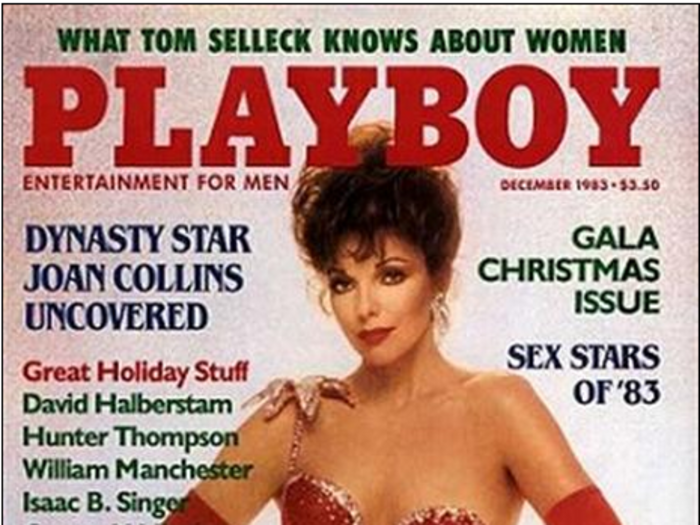 [12 covers] 1983: Joan Collins has appeared on 12 Playboy covers in 11 countries, including once on the American Playboy in 1983. When the US cover was released, she was at the height of her fame on the hit TV show "Dynasty."