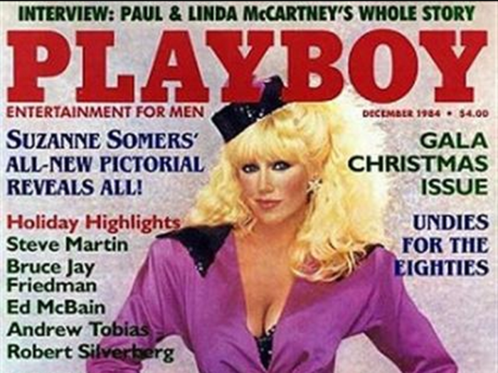 [2 covers] 1984 : Suzanne Somers has appeared on two covers, once in France and once in the US. Her December 1984 American cover shot was released in between her last episode on "Three