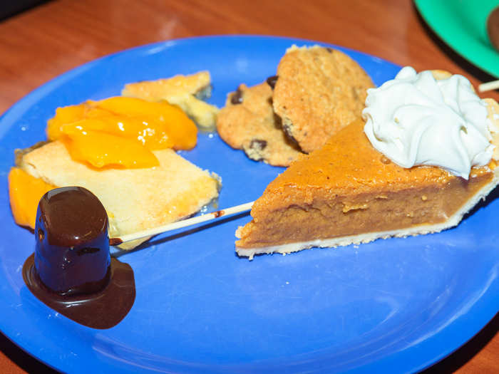 We got a peach cobbler, pumpkin pie, cookies, and a chocolate fondue-dipped marshmallow.