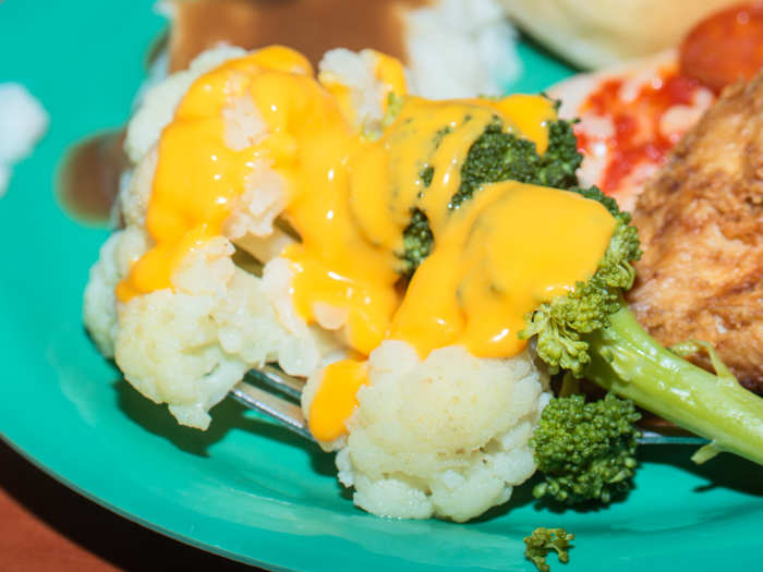 A self-proclaimed Golden Corral expert told us: "Golden Corral is where I discovered that people put cheese sauce on vegetables to make them more edible." We did not find that the cheese improved the taste of the cauliflower and broccoli in the slightest.