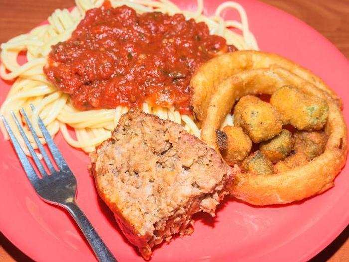 Another plate: more mediocrity. The meatloaf was disturbingly mushy, the onion rings were so-so, and the cheese curds even less so.