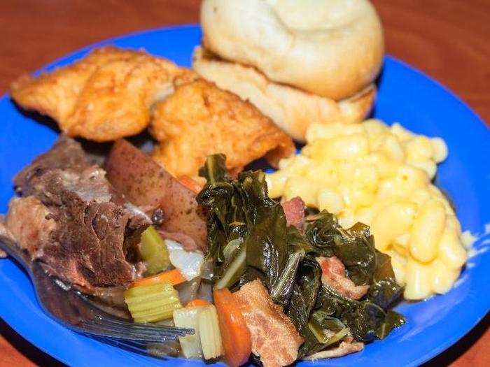 We loaded up our first plates and got down to business, sampling collard greens, mac and cheese, pot roast, fried chicken, and a burger slider.