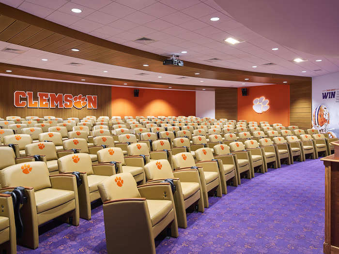 The conference rooms are outfitted with leather seats emblazoned with the Clemson logo.