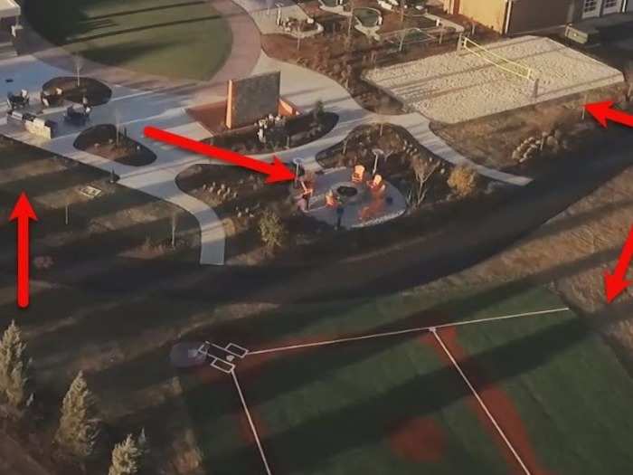 Not far from there is a Wiffle ball diamond with artificial turf, a sand volleyball court, a horseshoe pit, and a fire pit. It is basically every college kid