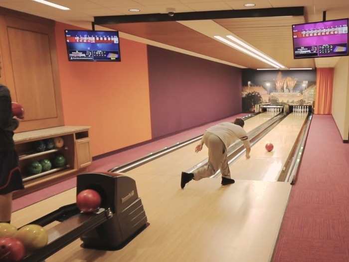 Inside, the players have access to two bowling lanes with video scoring.