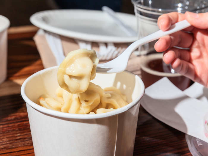 One item no one should pass over is the Pelmeni dumplings. These little doughy nuggets filled with meat are rich, oily, and heavy — the bright tang of sour cream is needed to prevent a meaty monotony.