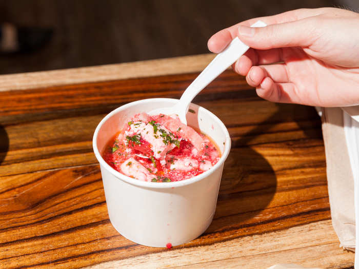 Borsch is one of the most well-known of all Slavic soups, with its rich magenta beetroot-based broth. Teremok tweaked the traditional recipe for Western tastes, opting for a thinner, less stewy broth, and throwing bacon and tomatoes into the mix.