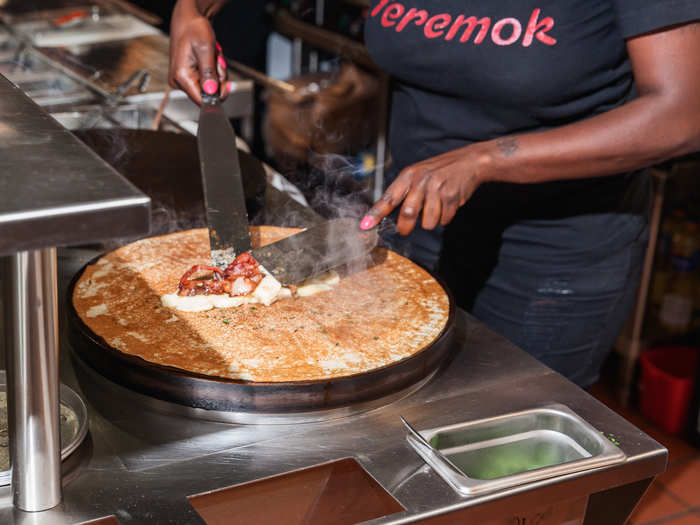 The bliny are made to order, and you can watch the employees pour the batter onto the griddle. The smell of the bliny and fillings like bacon and potato fill the restaurant.