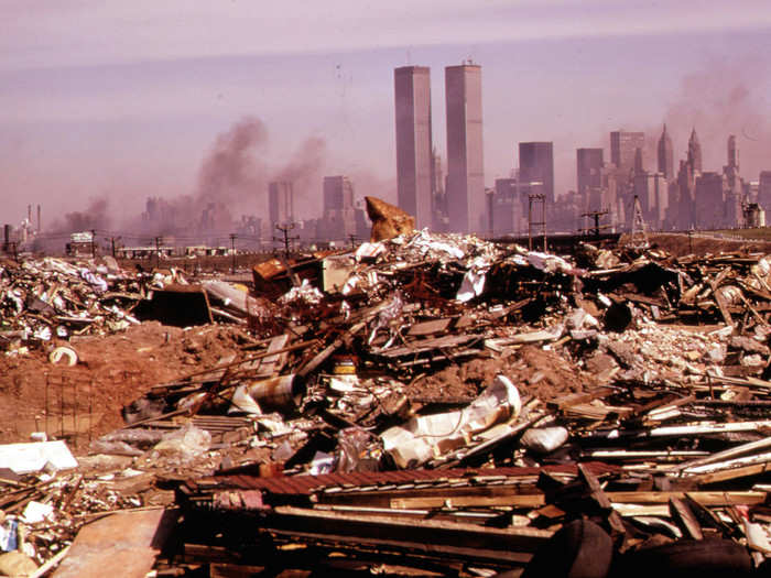 You can see the Twin Towers behind the trash pile in this 1973 photo of an illegal dumping area off the New Jersey turnpike.