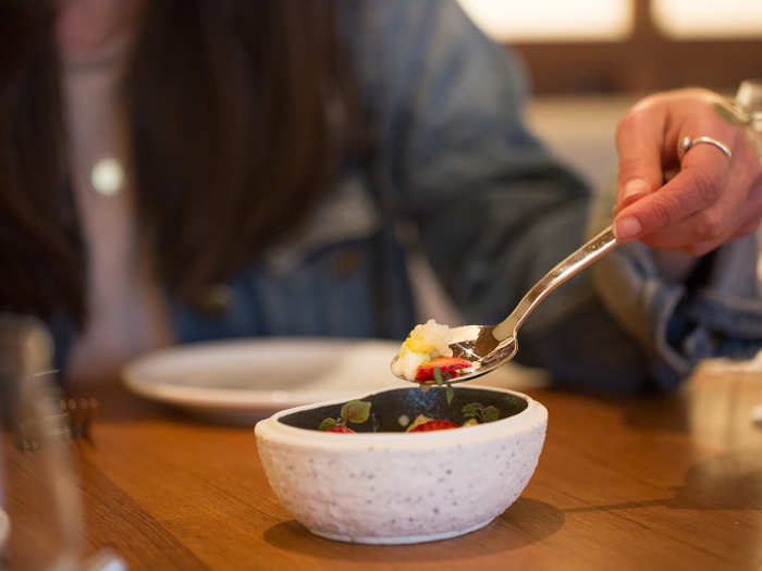 White chocolate panna cotta topped with orange tapioca pearls, strawberries, citrus fruits, and shiso syrup was so refreshing and light, it acted as a palette cleanser.