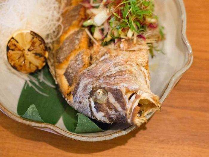 The chefs flexed their culinary skills with this whole-fish showstopper. A sea bass prepared tempura-style and served with dry miso and a tomato-based soy sauce was a visual delight.