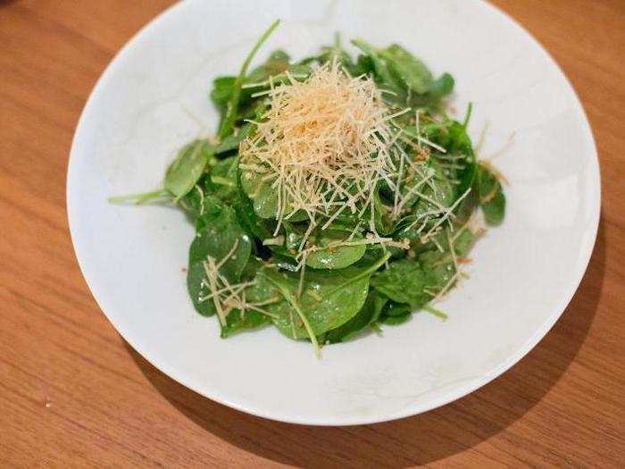 A spinach salad topped with dehydrated tofu skins and a Japanese olive oil cost $24 that I would have preferred to spend on something a little more elaborate.