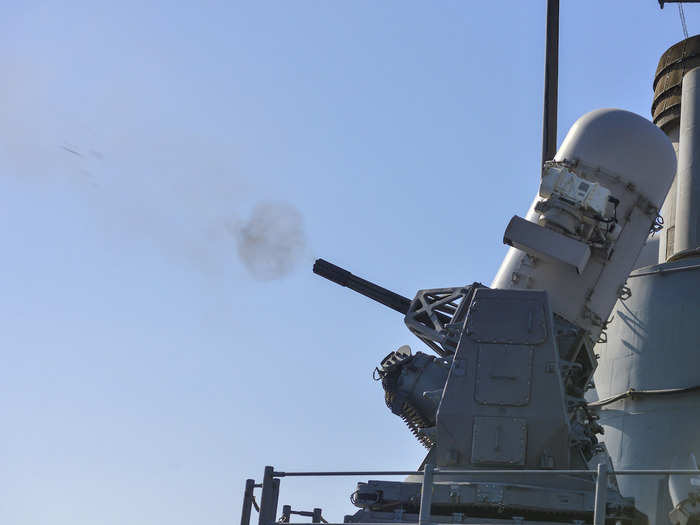 The Monterey is equipped with a number of other weapons systems too, including the Phalanx Close-In Weapons System seen below.