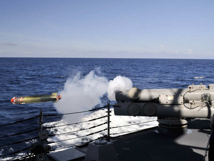 It also has six MK32 MOD14 torpedo tubes, seen in action below aboard the USS Mustin.