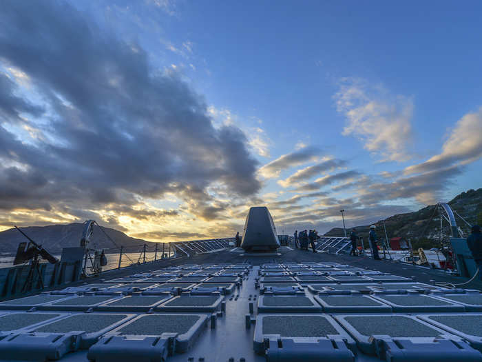 The different missiles and rockets are all fired from the hatches seen on the deck below.