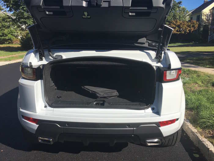 The convertible roof certainly compromises cargo capacity. The Evoque drop top comes with just 8.9 cubic feet of cargo room. That figure remains the same regardless of whether the roof is deployed.