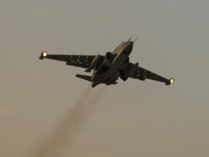 This photo, taken near the Hmeimim air base in 2015, shows an Su-25 carrying OFAB-250s, which are high-explosive fragmentation bombs.