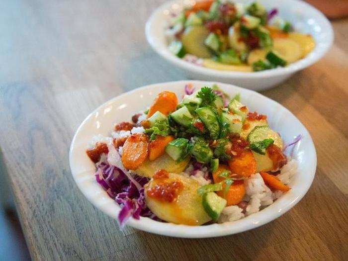 The rice bowls came together beautifully, with charred rainbow carrots and red cabbage adding a crunchy texture to the creamy coconut-infused rice. The colors were stunning.