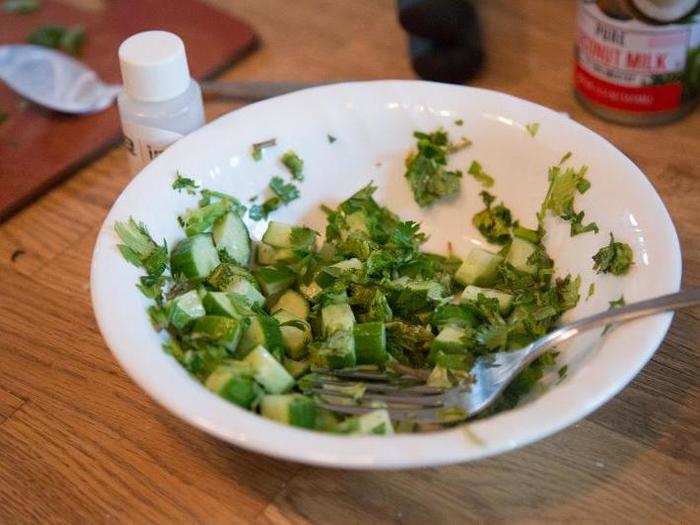 I whipped up a chutney made with cucumber, Thai chili, mint, cilantro, rice vinegar, and lime juice. I enjoyed trying something new, but again, it was more work than I was used to.