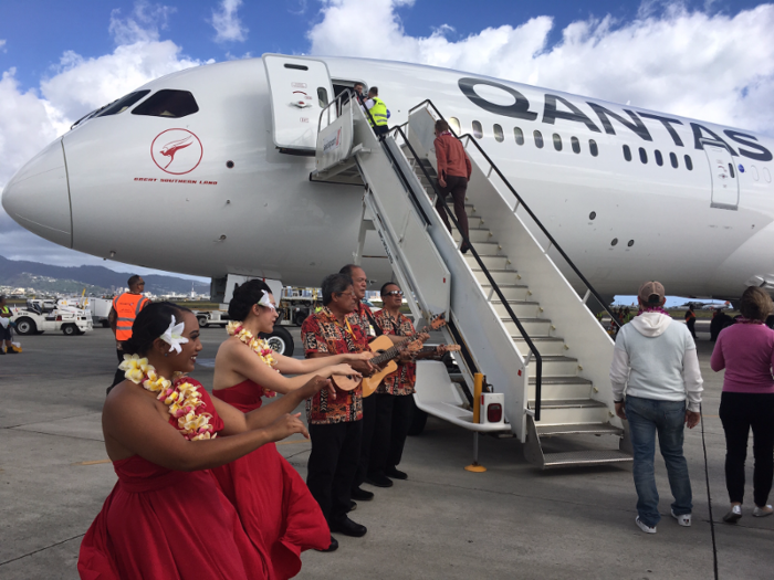 After more than five hours in the air, we arrive in Honolulu where a welcoming party awaited us. This is where my journey with the Qantas Dreamliner ended. As I head back to New York, the Dreamliner continued on to Sydney.