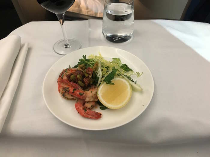 For the entree, it was either buffalo mozzarella with char-grilled radicchio and hazelnuts or spot prawns with grilled chorizo, manzanilla olives and herb salad. I went with the prawns.