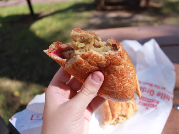 The four main components of the sandwich — fresh-tasting cranberry sauce, savory gravy, spicy stuffing, thick turkey slices, and sweet wheat bread — balanced out each other nicely.