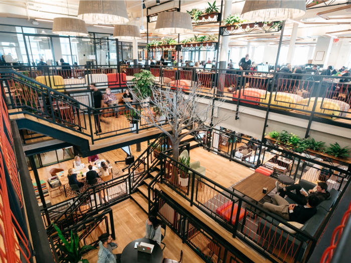 Centrally-located staircases may be used as a way to not only physically connect people on different floors, but also as a communal space that drives collaboration.