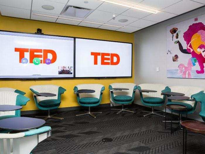 Across the hall, and adjacent to the workspace of TED Director Chris Anderson, is the conference room used for most TED speaker rehearsals. One feed can show the speaker presenting while the other shows their slides, letting TED staff make detailed notes.