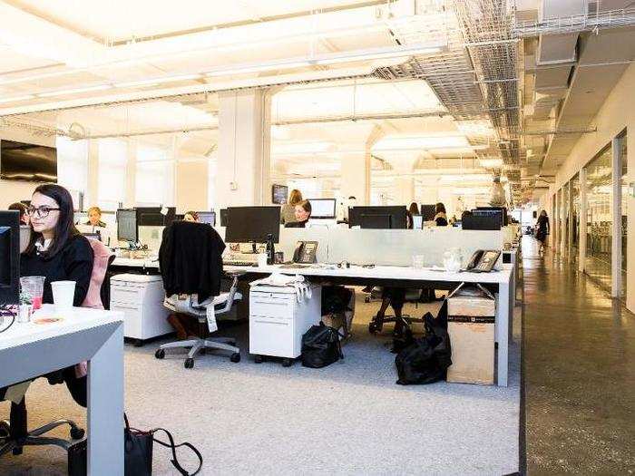 Desks are in an open-floor seating arrangement, and employees switch desk locations about every six months. This allows everyone to meet new colleagues and produce fresh ideas, according to Hyman.