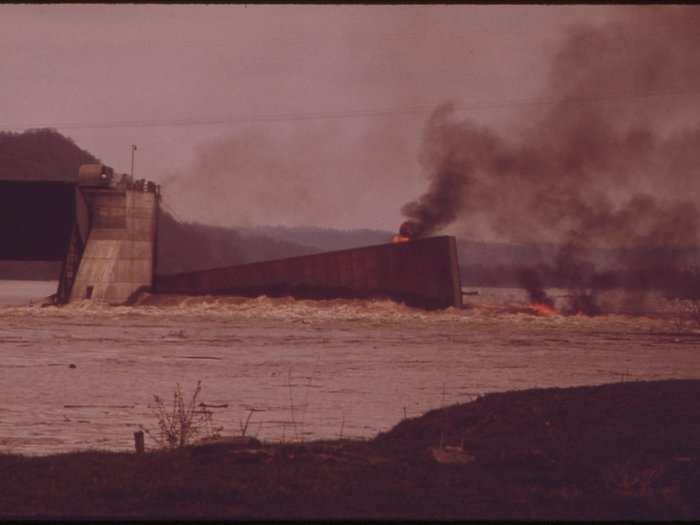 Before the EPA, there was little regulation on companies that dumped pollutants into rivers, lakes, and oceans. This 1972 photo shows a burning barge on the Ohio River.