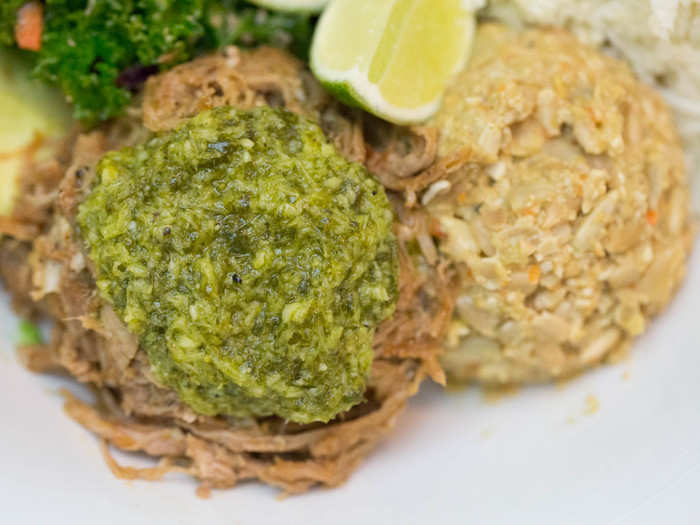 The dish was served on a bed of cauliflower rice, which is made from pulsing the vegetable in a food processor. Like rice, it soaks up the flavors of whatever it