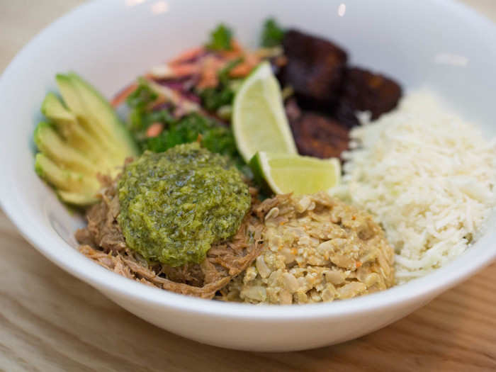 The Cuban Bowl — a new personal favorite — offers a smorgasbord of tender pork shoulder, plantains fried in organic palm oil, avocado, kale slaw, and a creamy sunflower risotto.