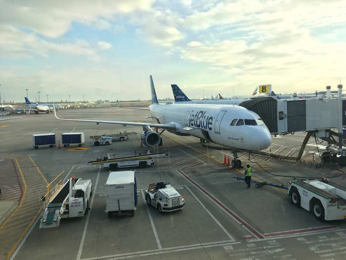 At the gate, I see my chariot. A four-year-old Airbus A321 named "Blue Swayed."