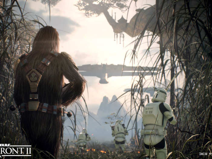 Your character has Stormtroopers at her side, but also at least one Wookie gearing up to help you battle in "Battlefront 2."