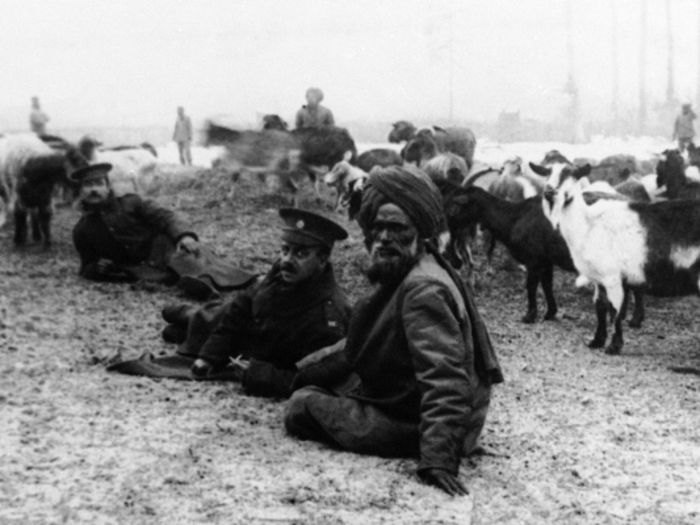 Even though the great powers were fighting largely in Europe, they exploited their colonial subjects around the world to supplement their own forces. Here, Indian soldiers are seen on banks of the Yser River in northern France with a traveling herd of goats they used to make their favorite dishes from home.