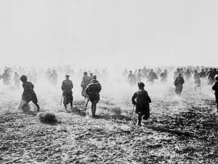 Although World War I is often associated with the intense trench warfare on the Western Front, the war was waged in Eastern Europe as well. Here, soldiers rush into battle in Russia in 1917.