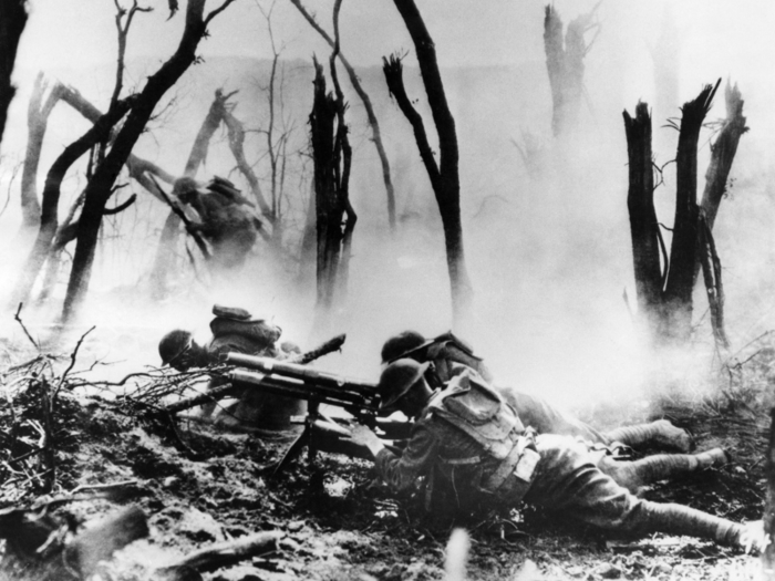 The new industrial nature of the war laid waste to swathes of territory along the Western Front, illustrated by this nightmarish scene from the Battle of Argonne Forest on September 26, 1918, showing American soldiers in the east of France.