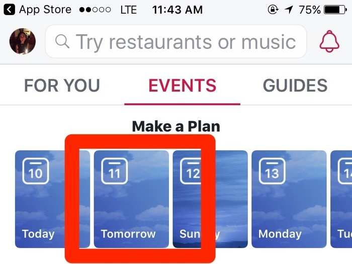 In the "Events" tab, you can search for happenings as much as a week in advance.