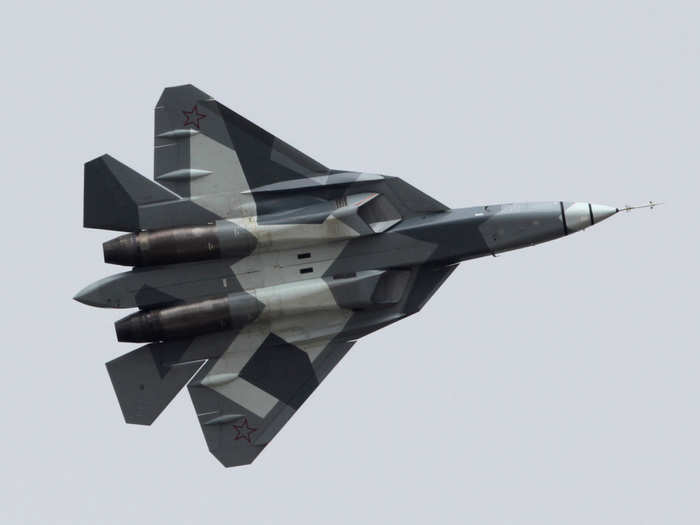 The Su-57 holds a variety of bombs and missiles in its two large internal weapons bays.