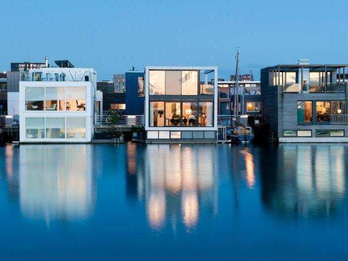 Founded in 2003, Waterstudio is known for its floating structures. It has constructed more than 200 buildings on water around the world, including these floating villas for a neighborhood called IJburg in Amsterdam, Netherlands: