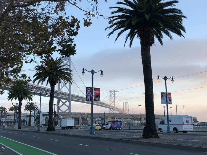 I declined a cup of coffee and stepped off the bus to take in the view of the Bay Bridge.