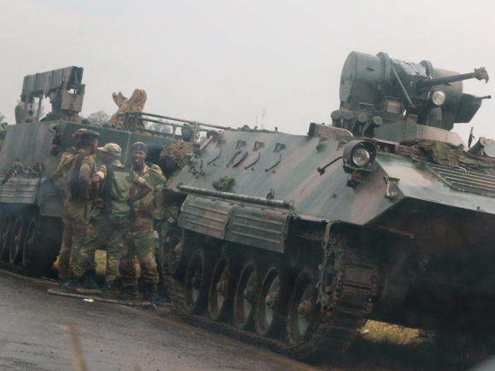 On November 14, tanks and Army soldiers were seen on the roads in the countryside on the way to Harare, Zimbabwe