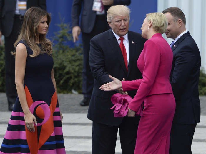 When Trump met Polish President Andrzej Duda and first lady Agata Kornhauser-Duda, he found himself on the receiving end of a handshake rejection after the Polish first lady glossed over his attempt to shake her hand, and greeted Melania instead.