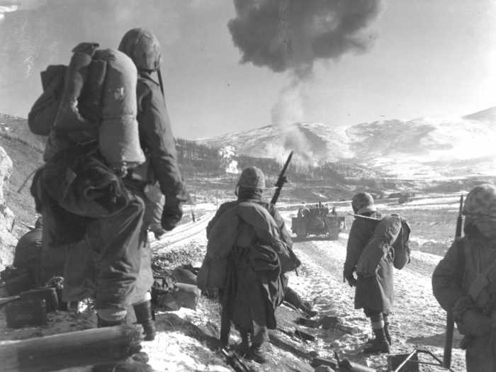 The North Korean invasion of South Korea brought the US into the Korean War. This 1950 photo shows Marine air and ground units during the war.