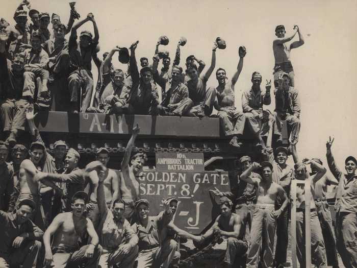 Marines seen here atop an amphibian tractor celebrate the end of World War II and "Victory over Japan Day" in 1945.