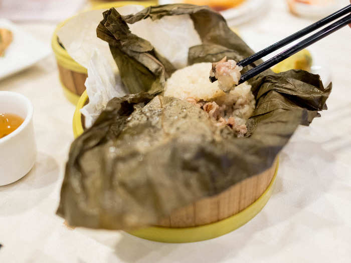 And the pièce de résistance (for me, anyways) is the sticky rice wrapped in lotus leaf (nor mai gai). These little green packages are filled with sticky glutinous rice and the tastiest pork, chicken, Chinese sausage, and mushrooms you can imagine. You’ll probably need to order a couple.