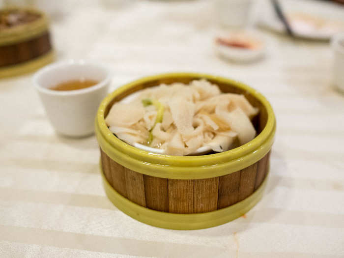 Another one for the adventurous — steamed beef tripe (ngau paak yip). Though there is rarely something I won’t eat, I tend to avoid tripe. But we all gave it another try at Jing Fong and agreed it was surprisingly delicious. Slotkin likened the meat to an almost octopus-like texture, and the flavor resembled a garlicky soup broth.